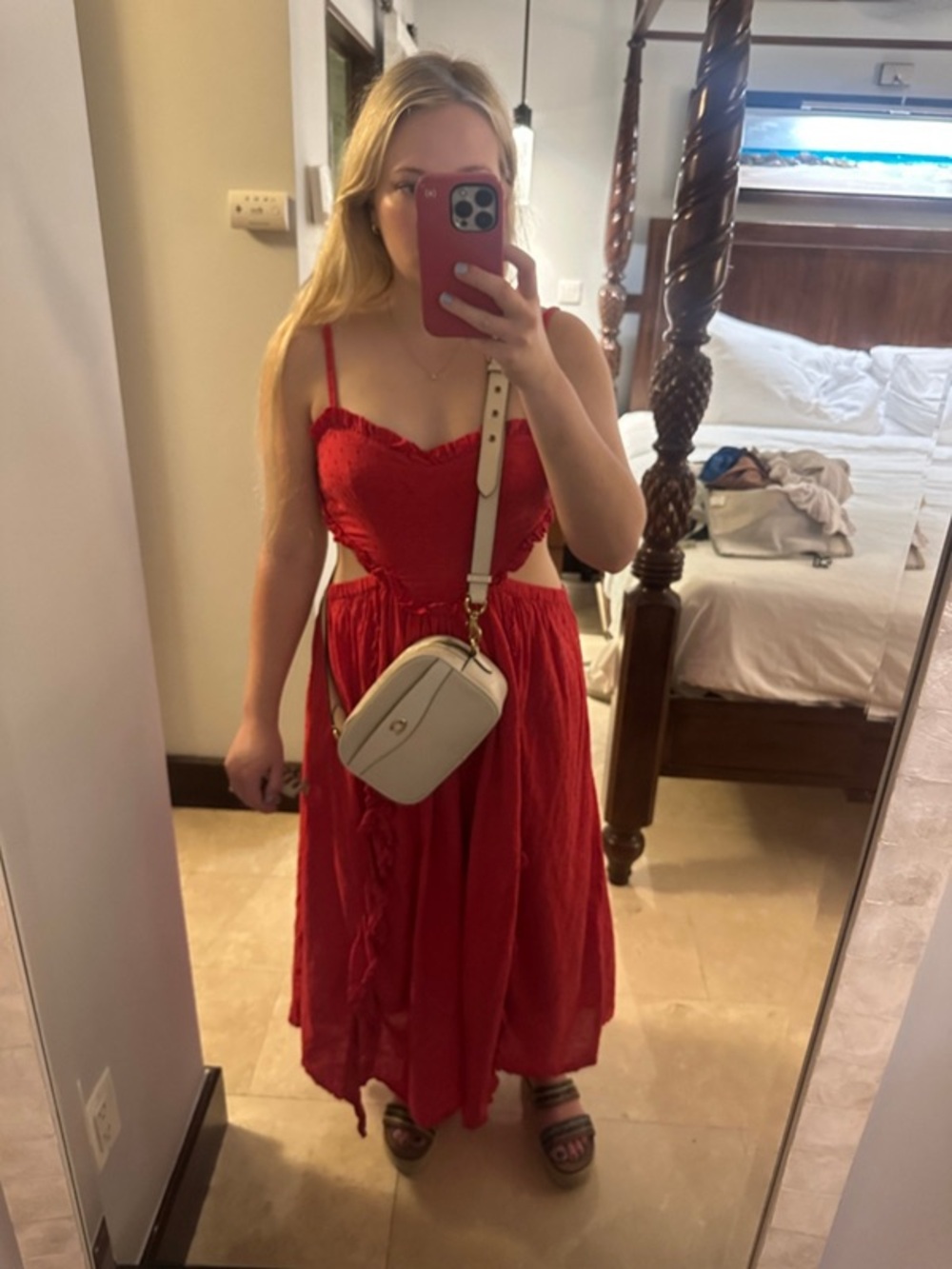 100% Cotton FARM Rio Scarlet Ruffle Cutout Maxi Dress - Picture 9 of 13